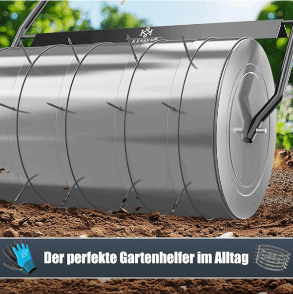 KESSER® Rasenwalze Metall befüllbar mit Wasser oder Sand mit 48 Liter Füllvolumen & 60cm breit | Gartenwalze inklusive 5X Spikes & Handschuhe | Handwalze Rasenroller Ackerwalze Walze in Anthrazit - Image 3