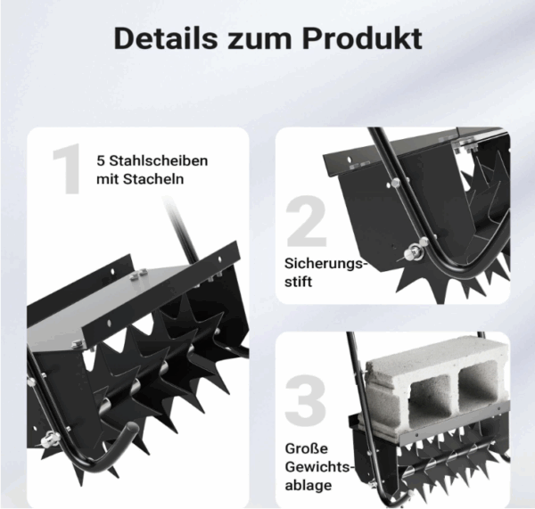 Wiltec Rasenlüfter mit 40 cm Arbeitsbreite und 6,4 cm Arbeitstiefe, Vertikutierer mit 5 Stachel-Scheiben aus Stahl, Aerifizierer zum Rasen belüften - Image 3